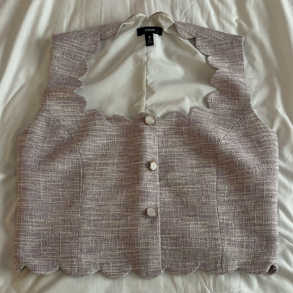 Aqua Scalloped Tweed Cropped Vest